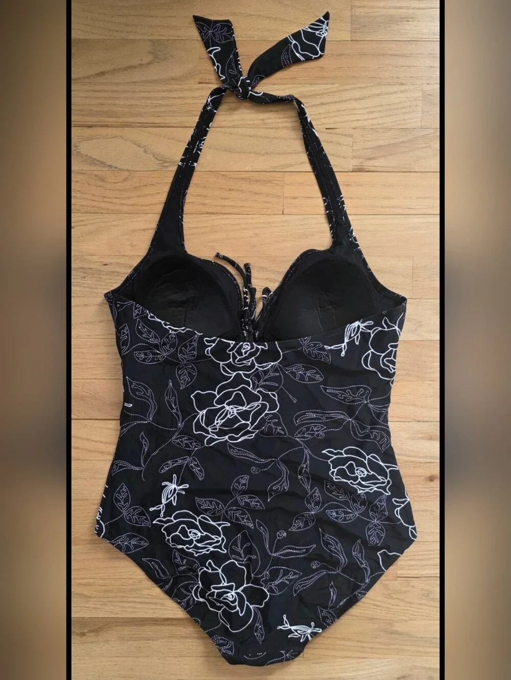 Black Floral One-Piece Swimsuit with Matching Sarong